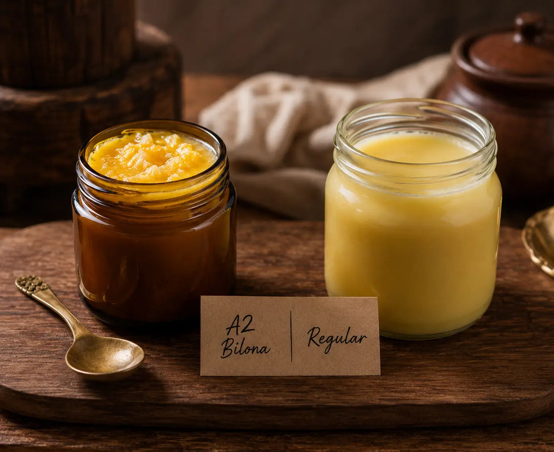 Two glass jars side by side — one with deep golden grainy A2 bilona ghee and one with pale smooth commercial regular ghee — on a wooden surface with a brass spoon between them