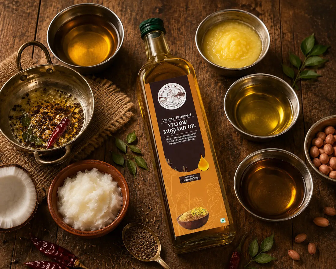 Various Indian cooking oils including mustard oil, ghee, coconut oil and groundnut oil in steel bowls on a rustic kitchen countertop