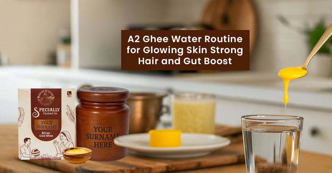 A2 ghee water routine with wooden jar, glass of water and ghee spoon in kitchen setting