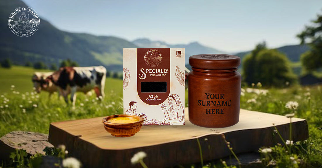 A2 Gir Cow Ghee packaging and wooden pot displayed outdoors with cow in background