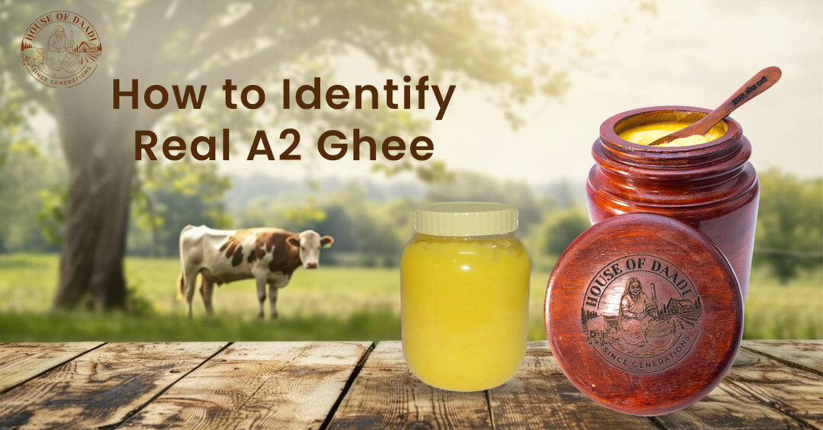 Real A2 ghee in wooden jar and fake ghee in plastic jar with cow in natural background