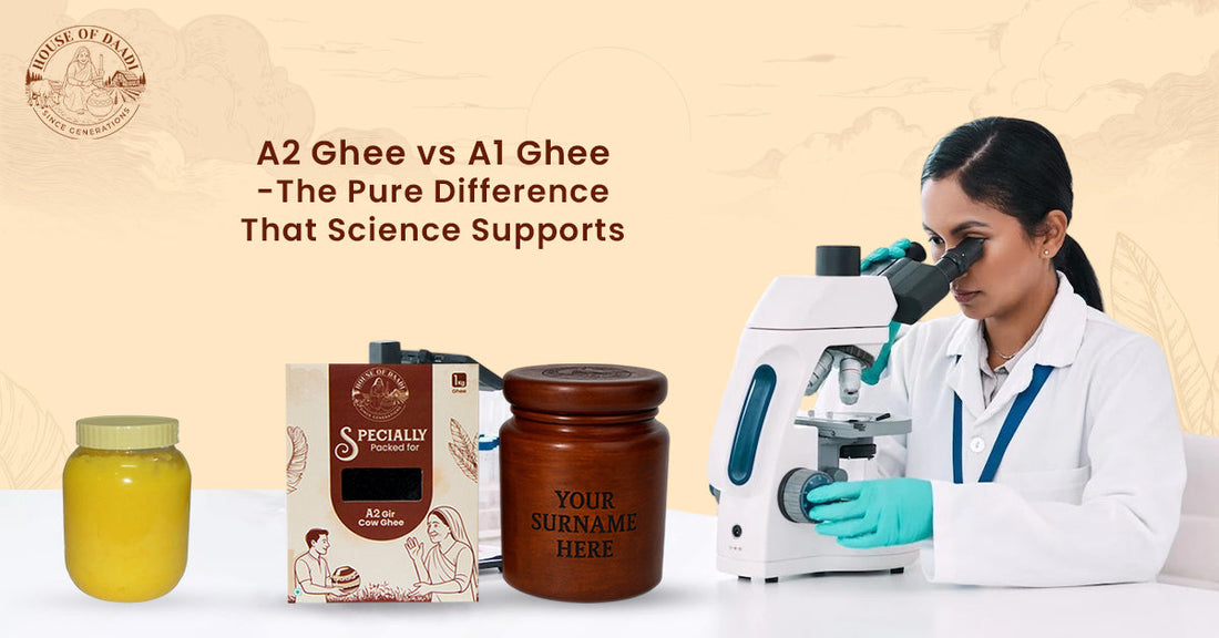 A2 ghee and A1 ghee comparison with lab testing by scientist and House of Daadi packaging