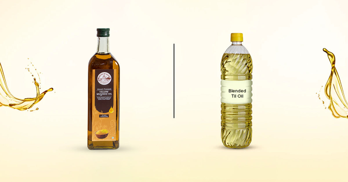 Comparison of wood pressed yellow mustard oil and blended til oil bottles