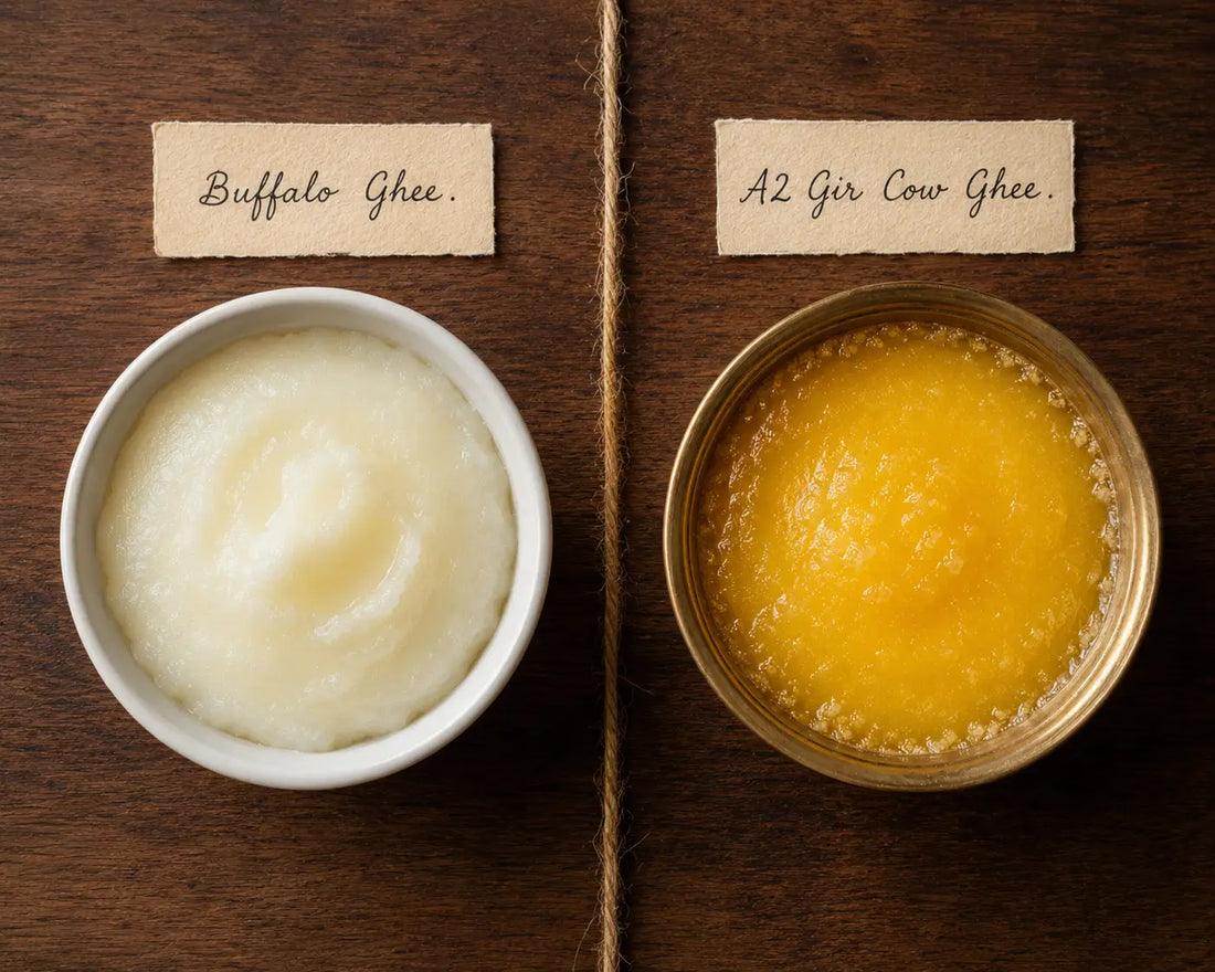 Buffalo ghee vs A2 Gir cow ghee — colour, texture and nutritional difference comparison by House of Daadi