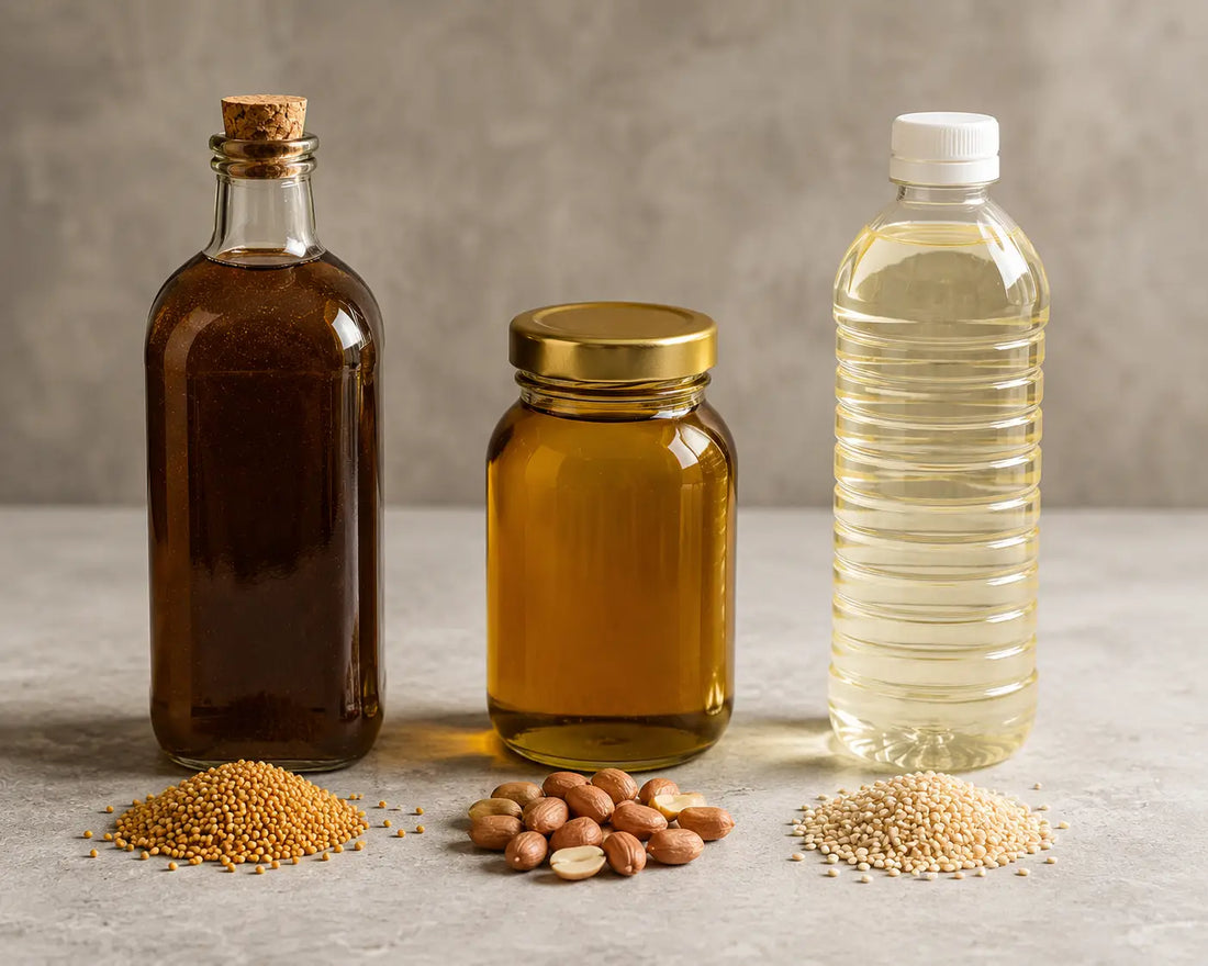 Three bottles of cooking oil side by side — dark unfiltered wood-pressed mustard oil, amber cold-pressed groundnut oil, and clear refined vegetable oil — on a wooden surface with seeds scattered around them