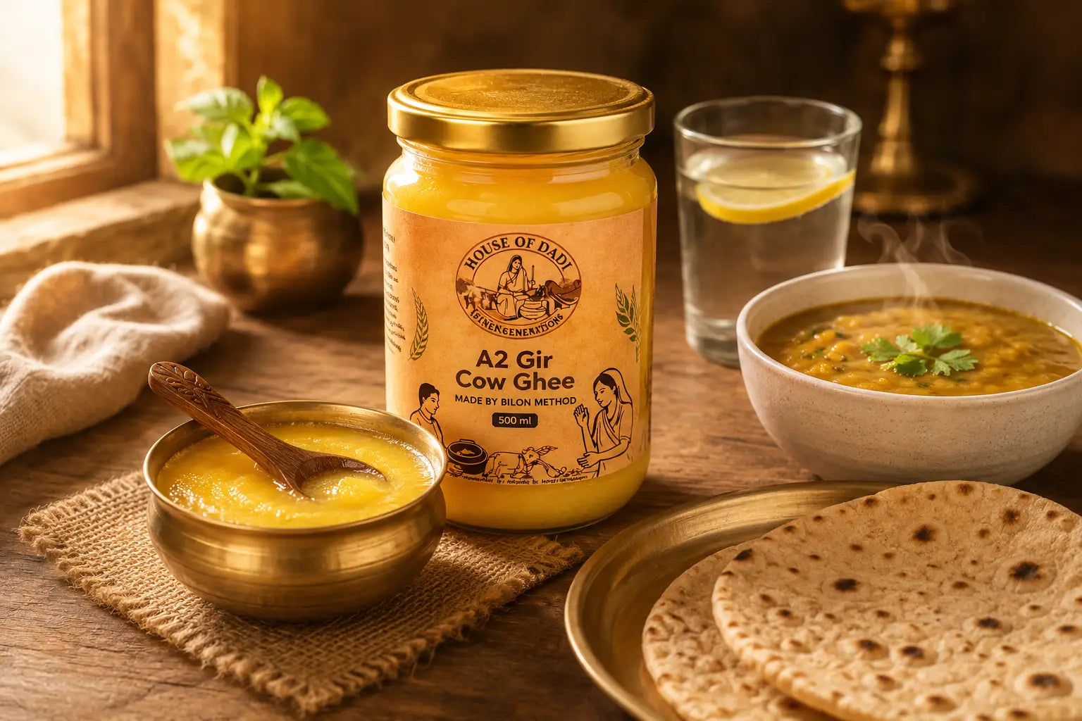 A brass bowl of golden A2 bilona ghee with a wooden spoon and warm water glass on a wooden surface in morning light