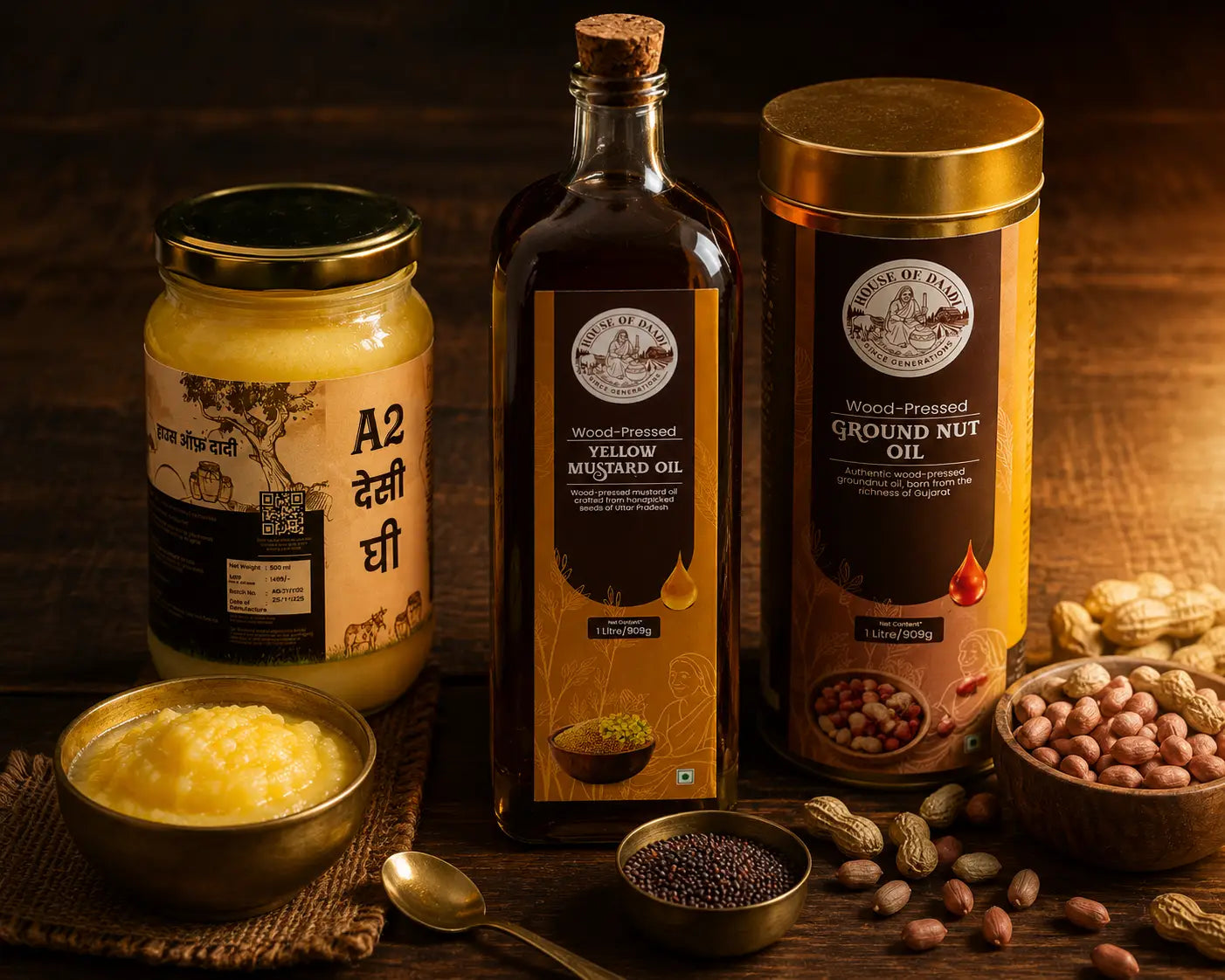 A wooden tray displaying a brass bowl of golden desi ghee, a bottle of wood-pressed mustard oil, and a jar of cold-pressed groundnut oil on a rustic kitchen surface with warm lighting