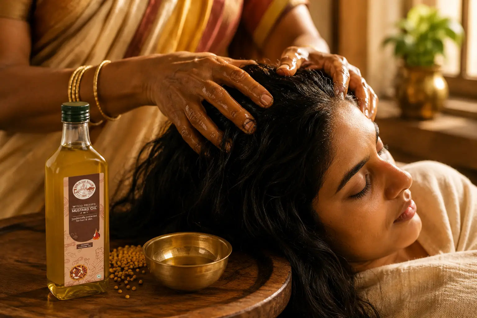 A woman receiving a traditional Indian scalp massage with warm wood-pressed mustard oil, with a glass bottle of yellow mustard oil and fresh mustard seeds visible on a wooden surface beside her