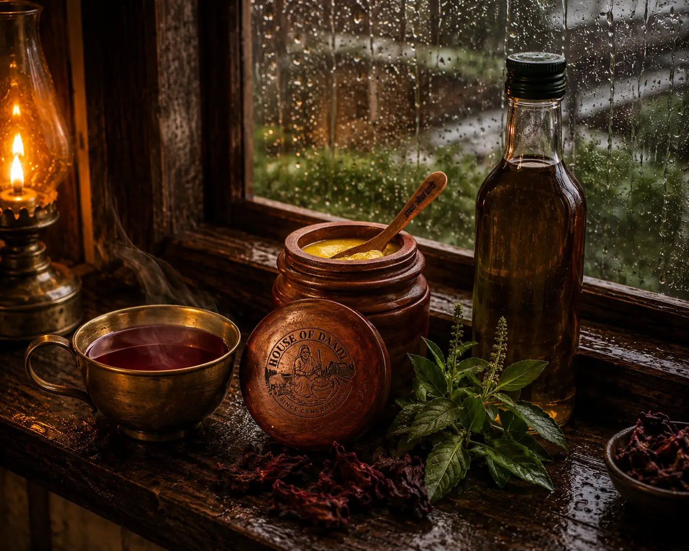 A warm Indian kitchen scene during monsoon showing a brass cup of steaming herbal tea, a jar of golden desi ghee, a bottle of wood-pressed mustard oil, and moringa leaves on a wooden surface with rain visible through a window