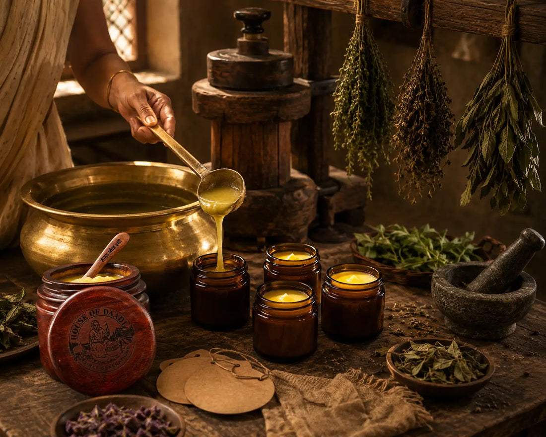 Hands carefully ladling golden bilona ghee into small glass jars on a wooden workbench, surrounded by brass vessels, dried herbs, and small-batch oil bottles in warm natural light