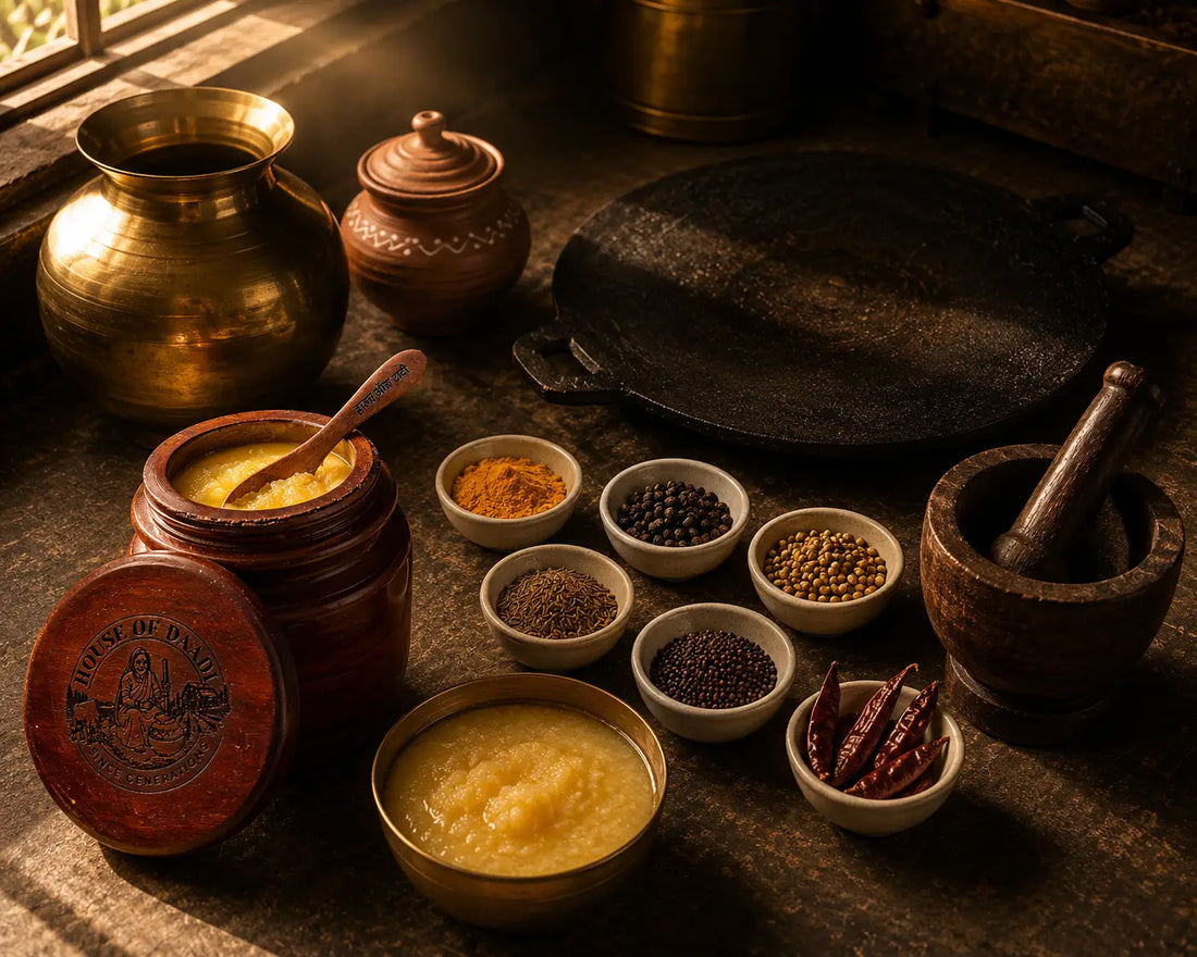 An Indian grandmother's kitchen showing brass vessels, whole spices in small bowls, a clay pot, mortar and pestle, and a lit clay stove with warm golden light filling the scene