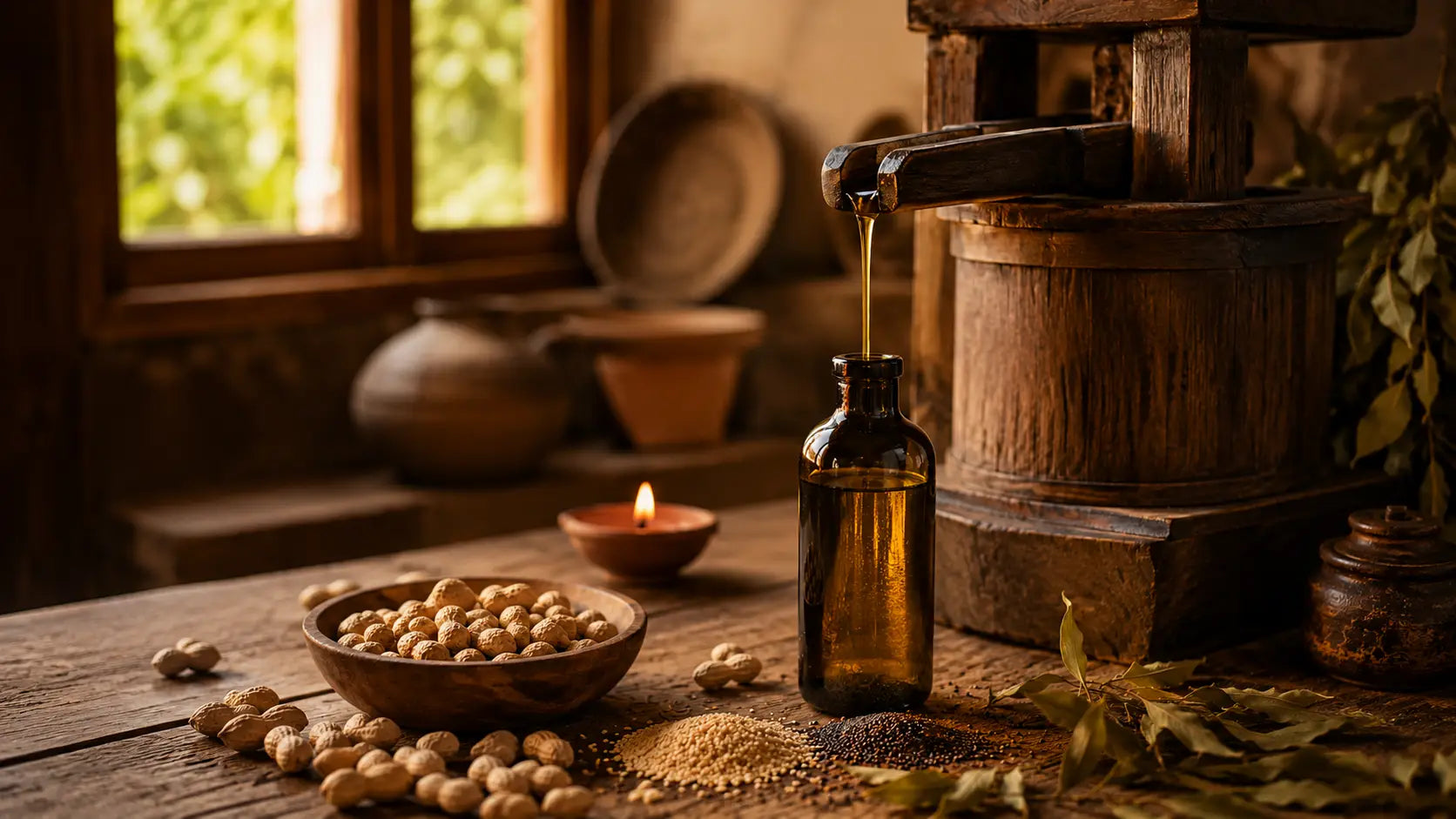 Traditional wooden ghani cold pressed oil extraction with golden groundnut oil and raw oilseeds on rustic surface