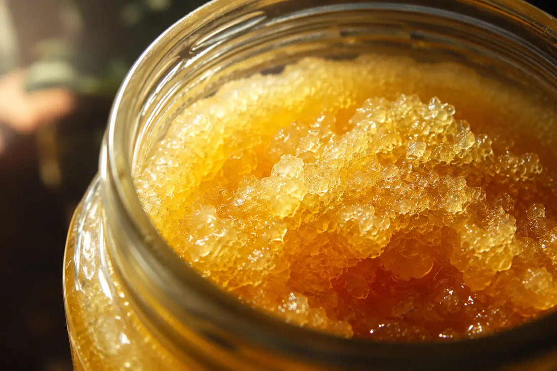 Crystallized A2 Bilona Ghee in a glass jar — a natural sign of purity and authentic Bilona process