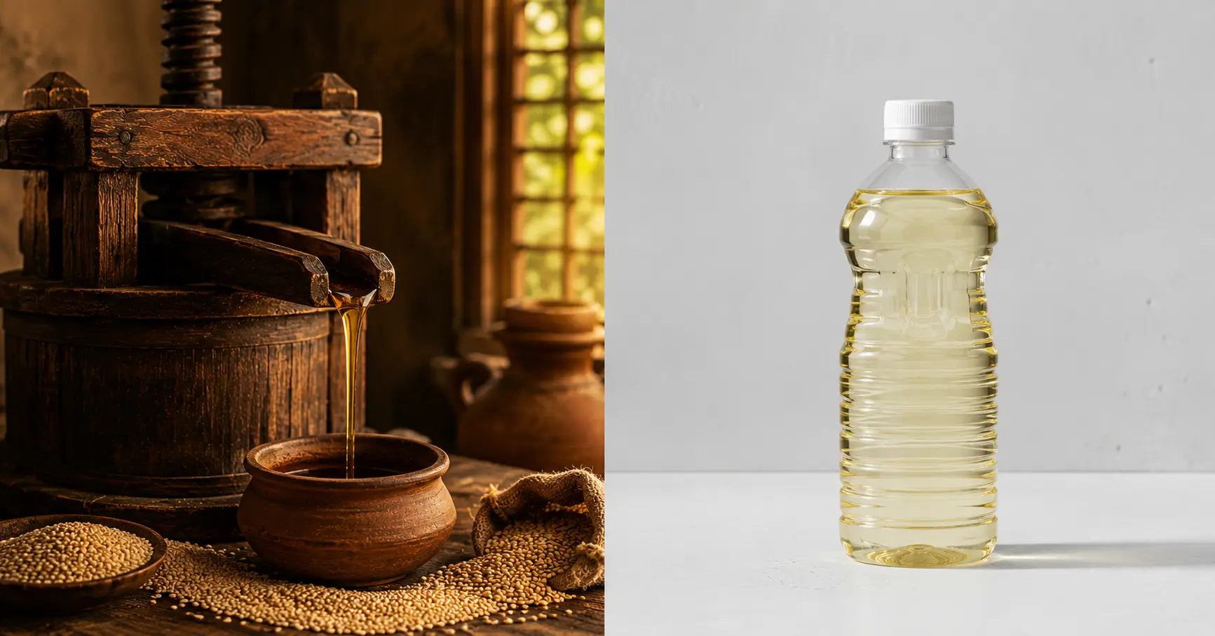 Traditional wood-pressed oil versus refined cooking oil showing natural Vitamin E retention difference in artisan cold-pressed extraction